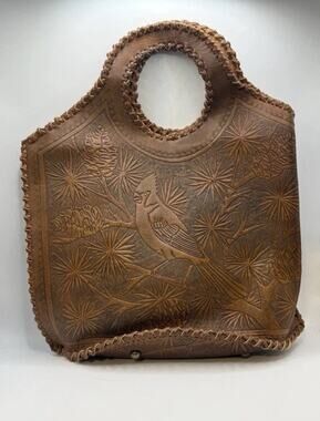 VTG Hand Tooled Leather Handbag Cardinal Bird Pinecone Embossed Tote Cutout